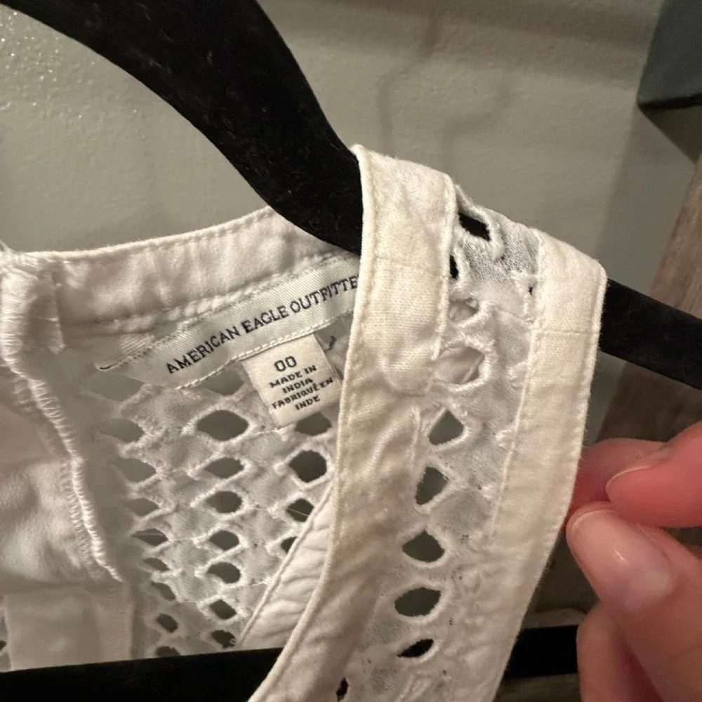American Eagle white mini eyelet cotton dress with lace trim on the neckline